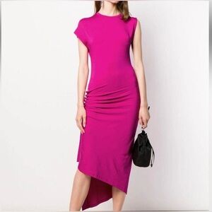 Paco Rabanne Designer Fuchsia Pink Asymmetrical Draped Midi Dress, Sz 38 FR 6 US